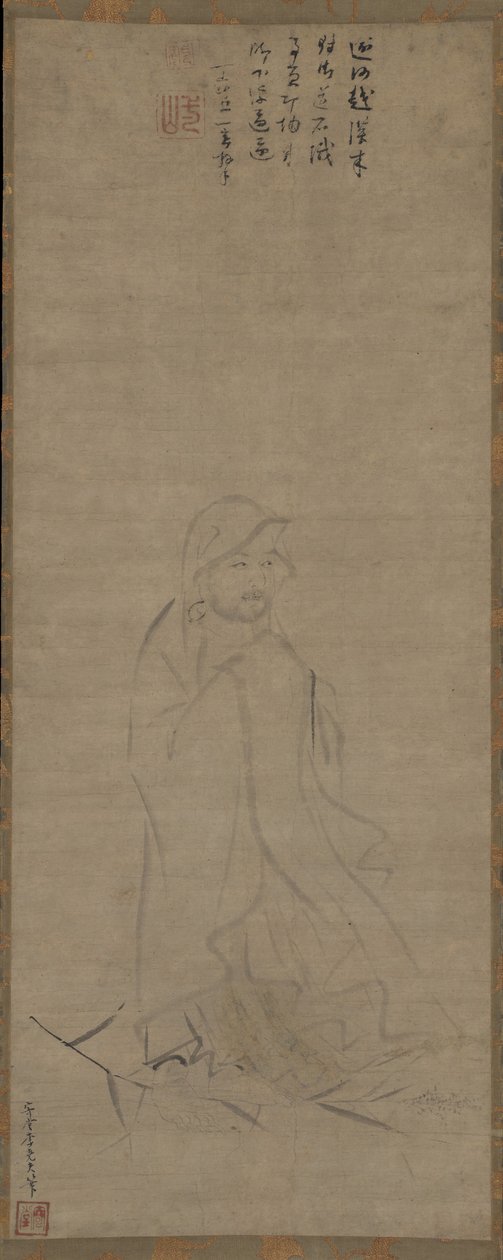Bodhidharma steekt de Yangzi-rivier over op een riet, voor 1317 door Li Yaofu