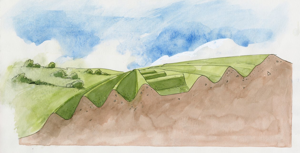 Dwarsdoorsnede van Old Oswestry (aquarel op papier) door Liam Wales