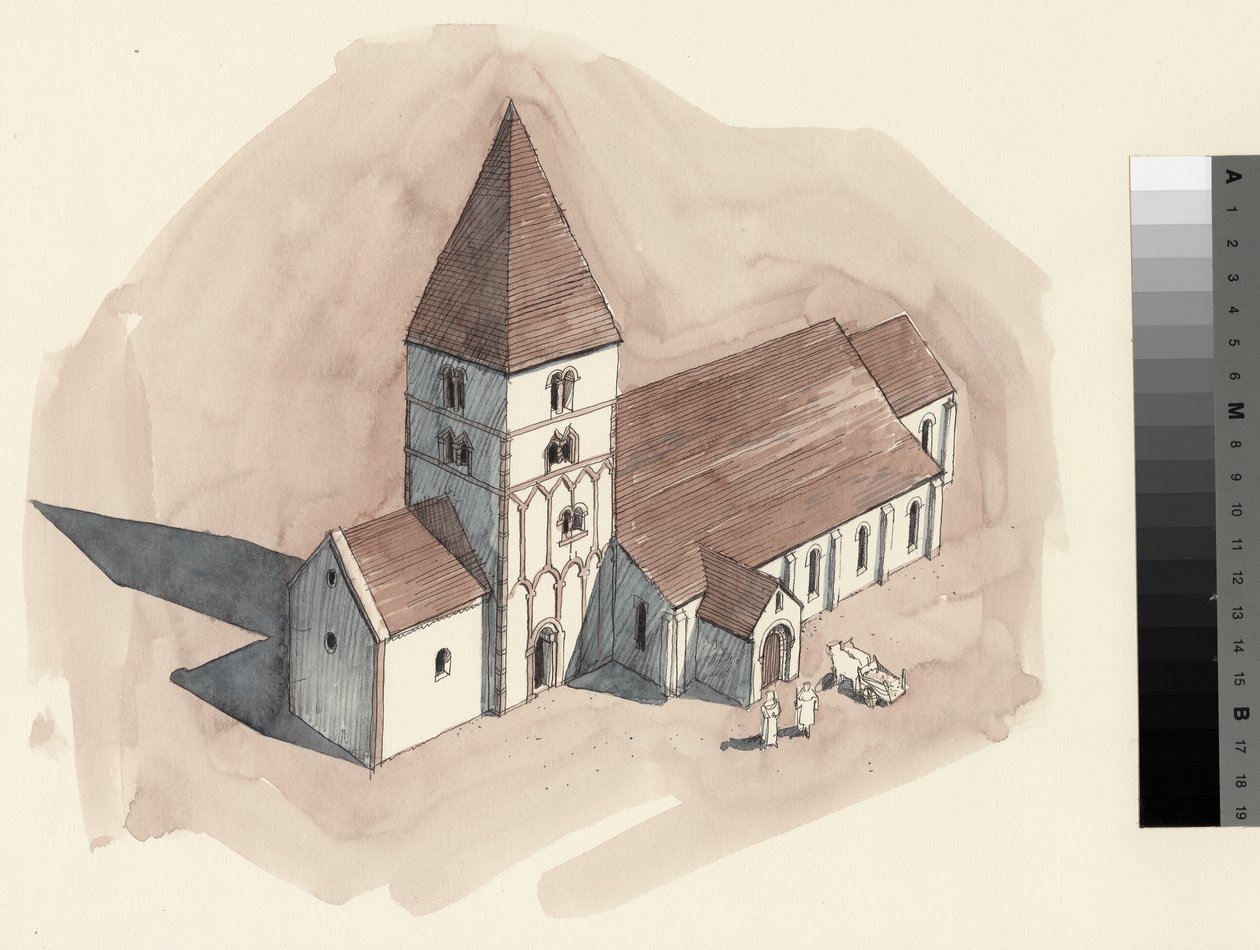 Reconstructietekening van de Sint-Pieterskerk tijdens de Normandische periode (aquarel op papier) door Liam Wales