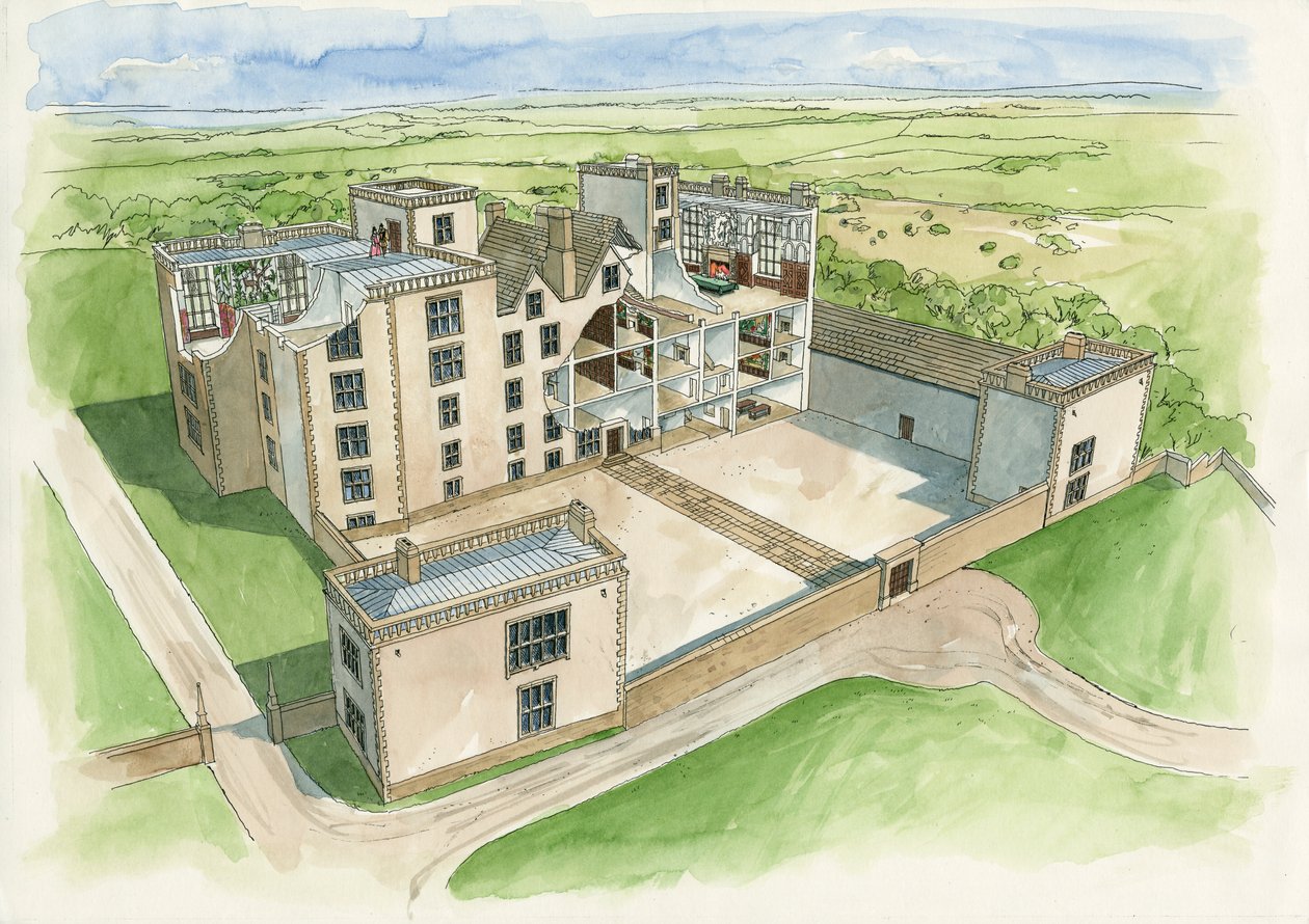 Reconstructie van Hardwick Old Hall in 1620 (aquarel op papier) door Liam Wales