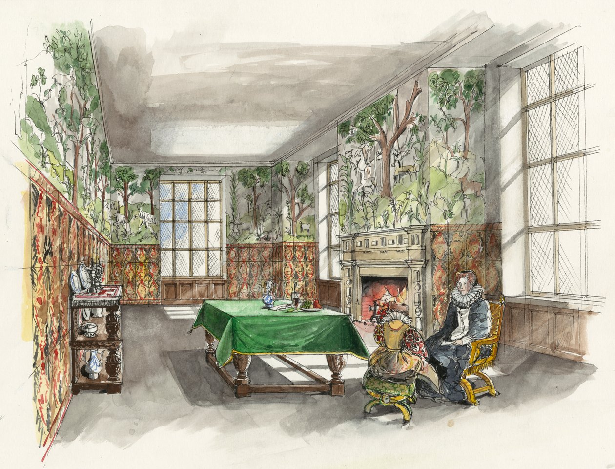 Reconstructie van de Forest Great Chamber in Hardwick Old Hall in 1601 (aquarel op papier) door Liam Wales