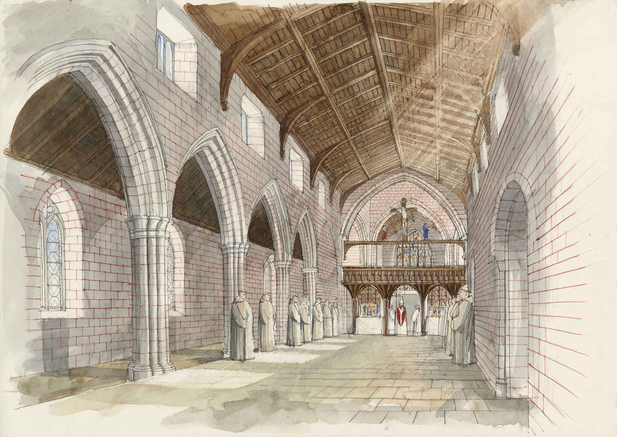 Reconstructie van het schip van de abdijkerk in Shap Abbey rond 1530 (aquarel op papier) door Liam Wales
