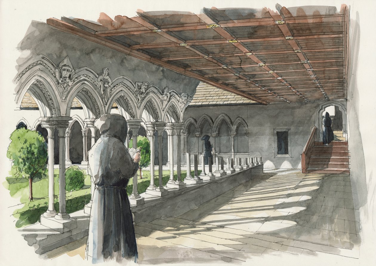 Reconstructie van het klooster van de Priorij van Lanercost (aquarel op papier) door Liam Wales
