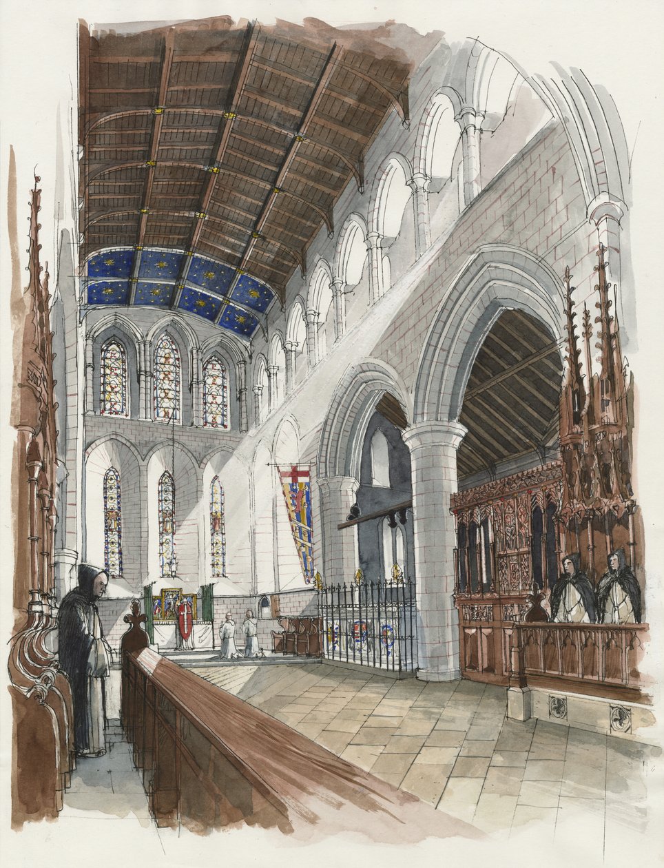 Reconstructie van het priesterkoor van Lanercost (aquarel op papier) door Liam Wales