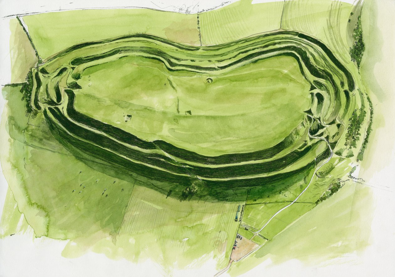 Overblijfselen van Maiden Castle (aquarel op papier) door Liam Wales