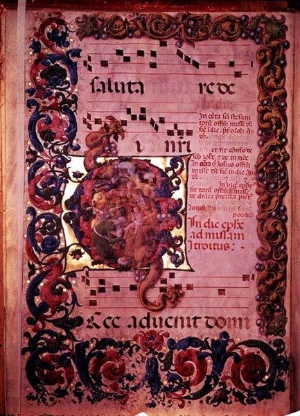 Pagina met muziek met een versierde initiaal G die de Aanbidding der Wijzen afbeeldt, uit een antifonaal, c.1473-79 door Liberale da Verona