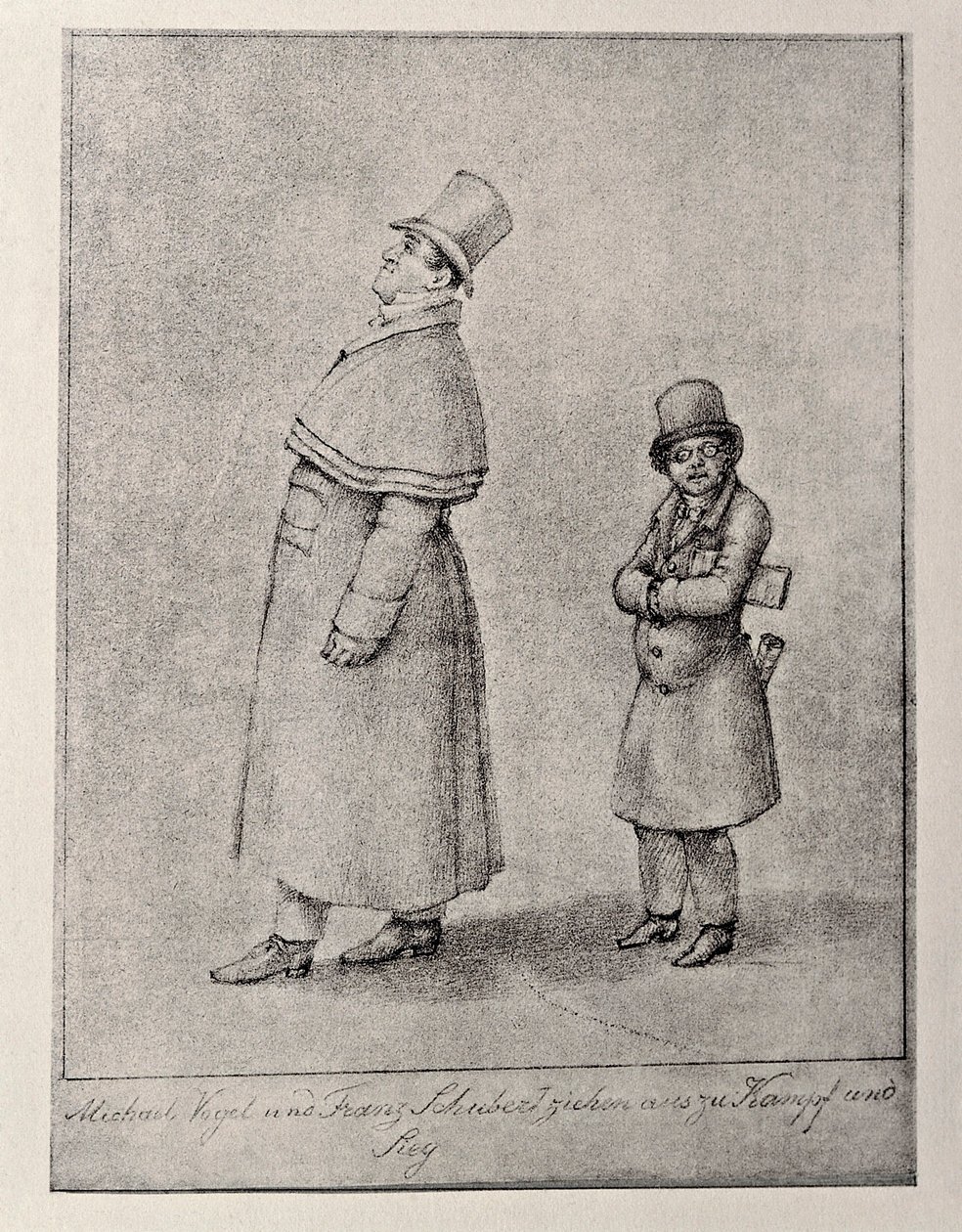 Oostenrijk, Wenen, Karikatuur van Oostenrijkse bariton zanger Johann Michael Vogl en componist Franz Peter Schubert, circa 1825, potloodtekening door Unbekannt Unbekannt
