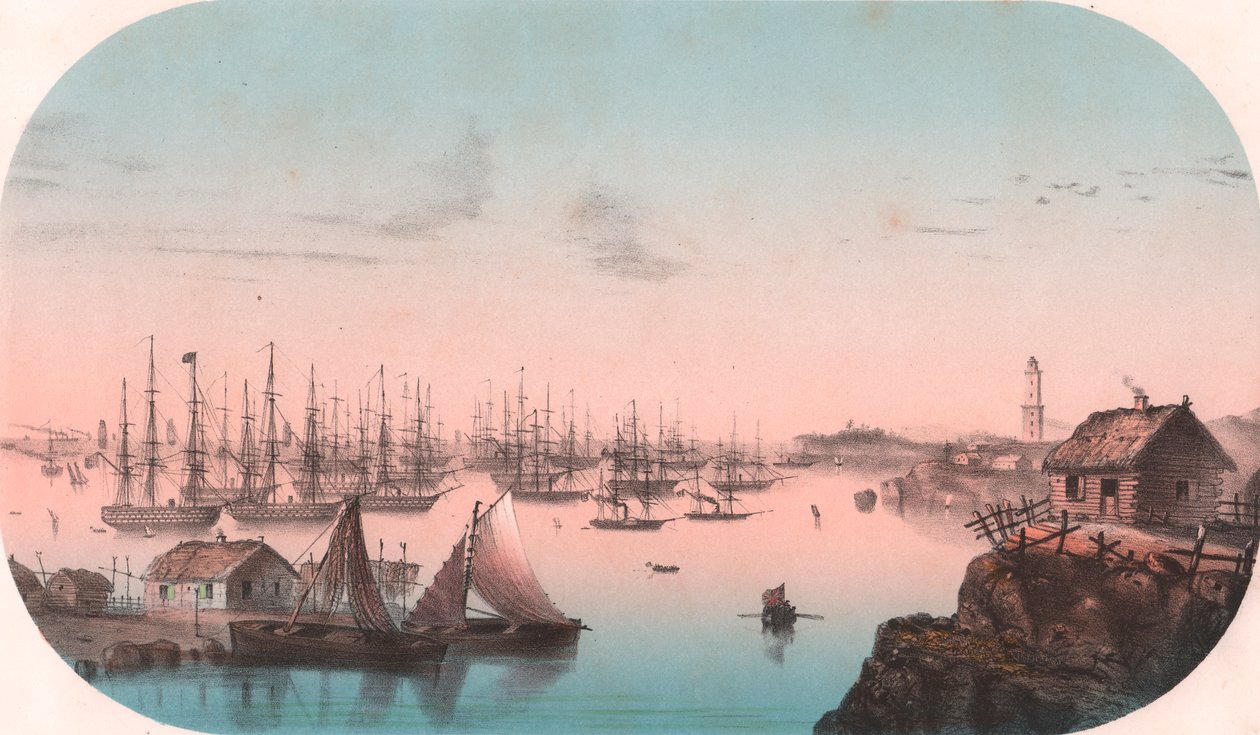 Baltische vloot in Baro Sund, Finland, kleurenlithografie, uit Episodes de la guerre d