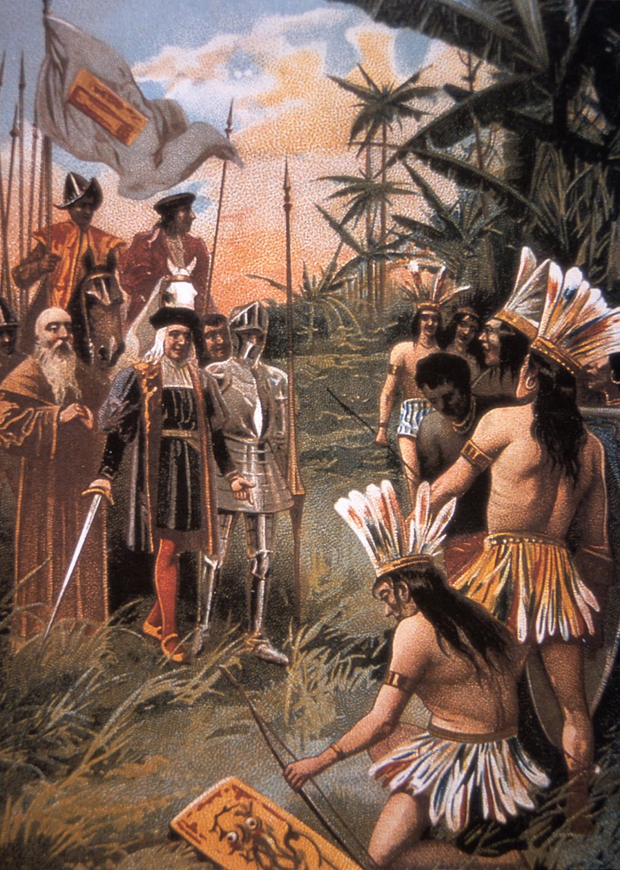Columbus landt in de Nieuwe Wereld en ontmoet de Indianen door Unbekannt Unbekannt