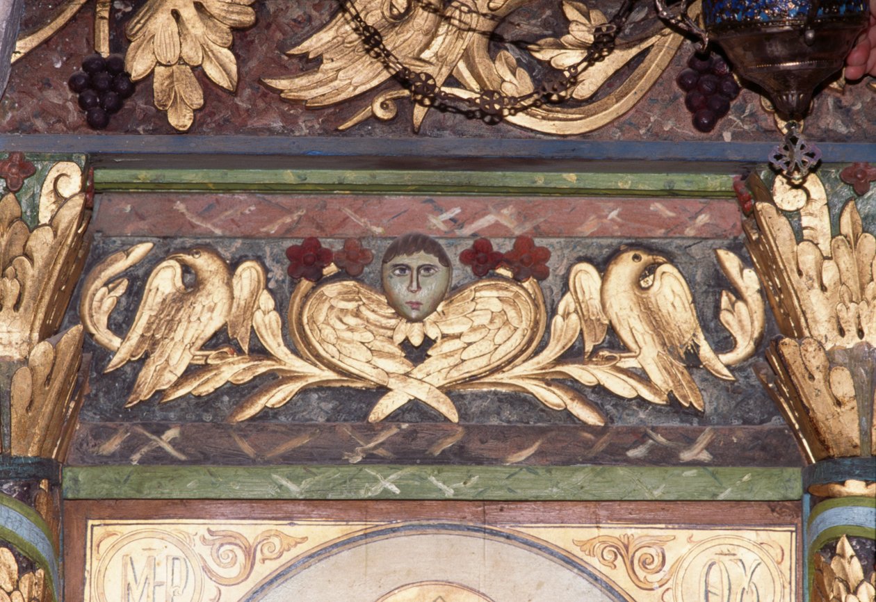 Decoratie, detail van iconostase in Byzantijnse kerk van St George, Anidri, Kreta, Griekenland (foto) door Unbekannt Unbekannt