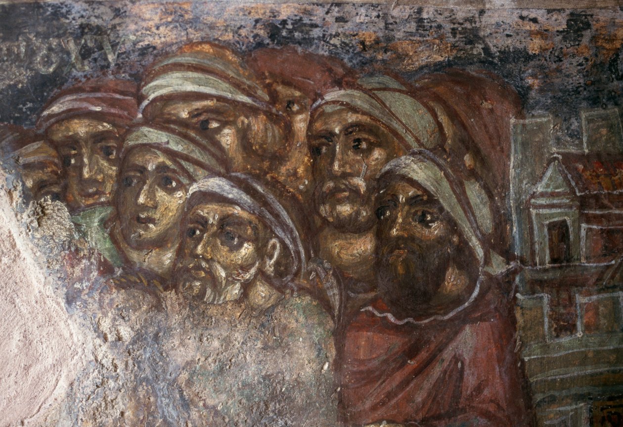 Fresco met groep mannen, Byzantijnse kerk van Ayios Stephanos, Drakona, Kreta, Griekenland (foto) door Unbekannt Unbekannt