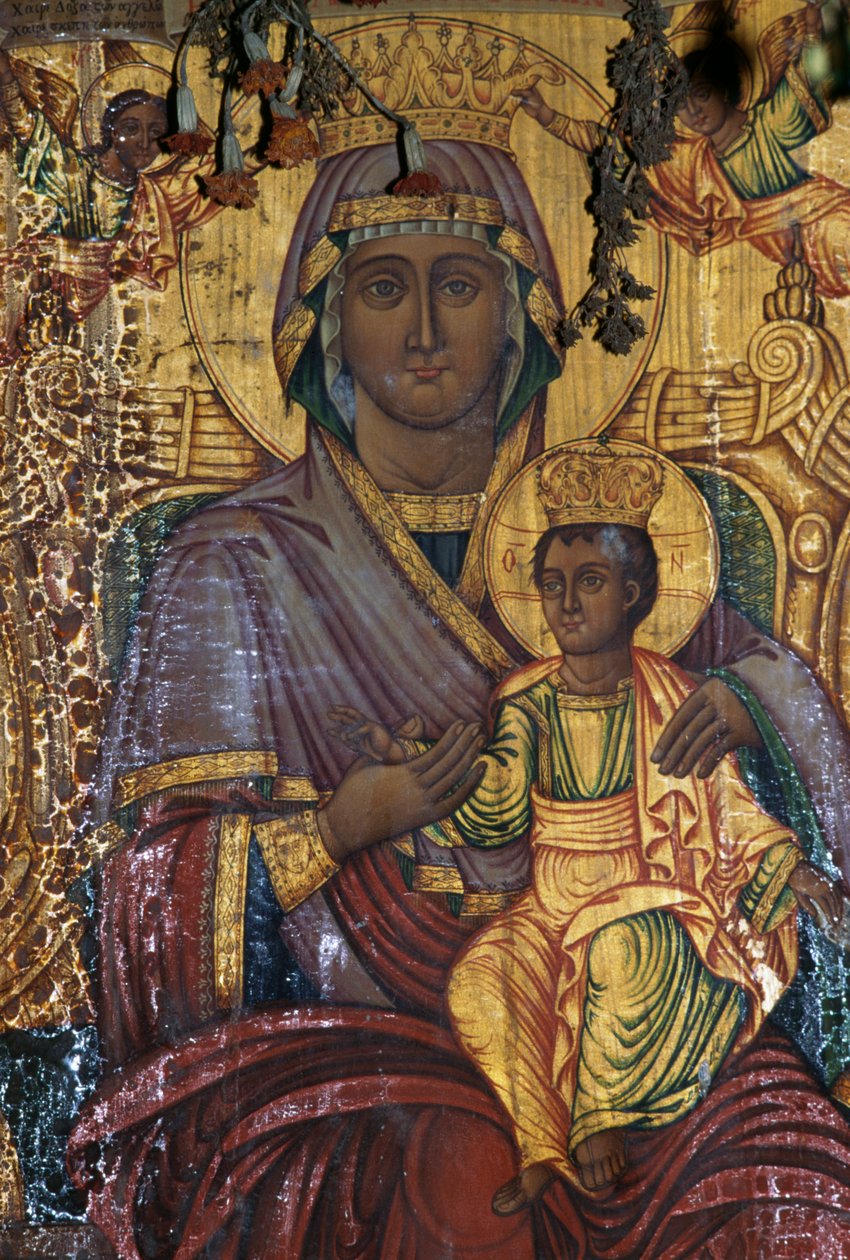 Madonna en Kind, vergulde schildering, Byzantijnse kerk van Agios Georgios, Vathi, Kreta, Griekenland (foto) door Unbekannt Unbekannt