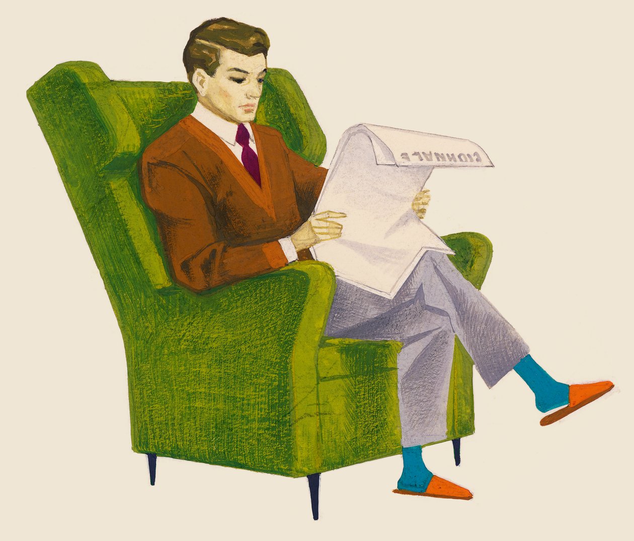 Man leest krant terwijl hij in een fauteuil zit, tekening door Unbekannt Unbekannt