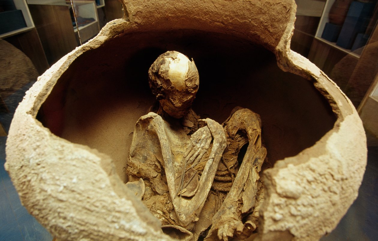 Mummie in een keramische urn. Atacama beschaving, Paleolithicum. door Unbekannt Unbekannt