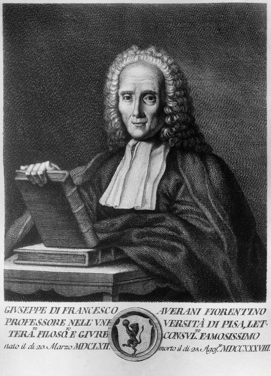 Portret van Giuseppe Averani, Italiaanse jurist en natuurkundige, ets uit Serie di ritratti d 