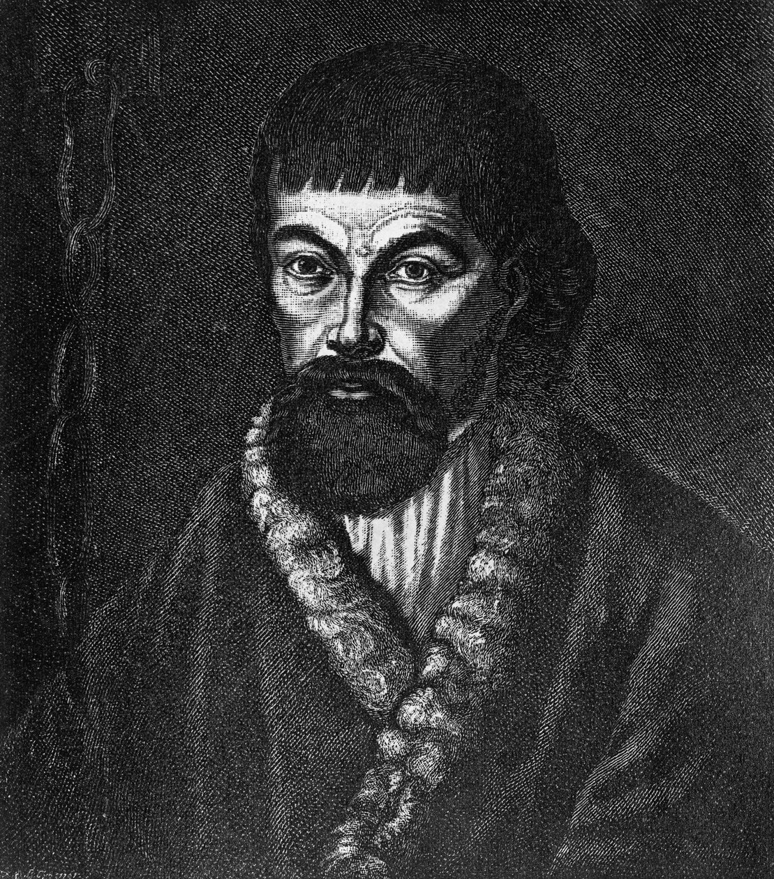 Portret van Yemelyan Ivanovich Pugachov (ca 1742-1775), leider van een grote Kozakken- en boerenopstand in Rusland in 1773-1774, gravure naar olieverfschilderij door Unbekannt Unbekannt
