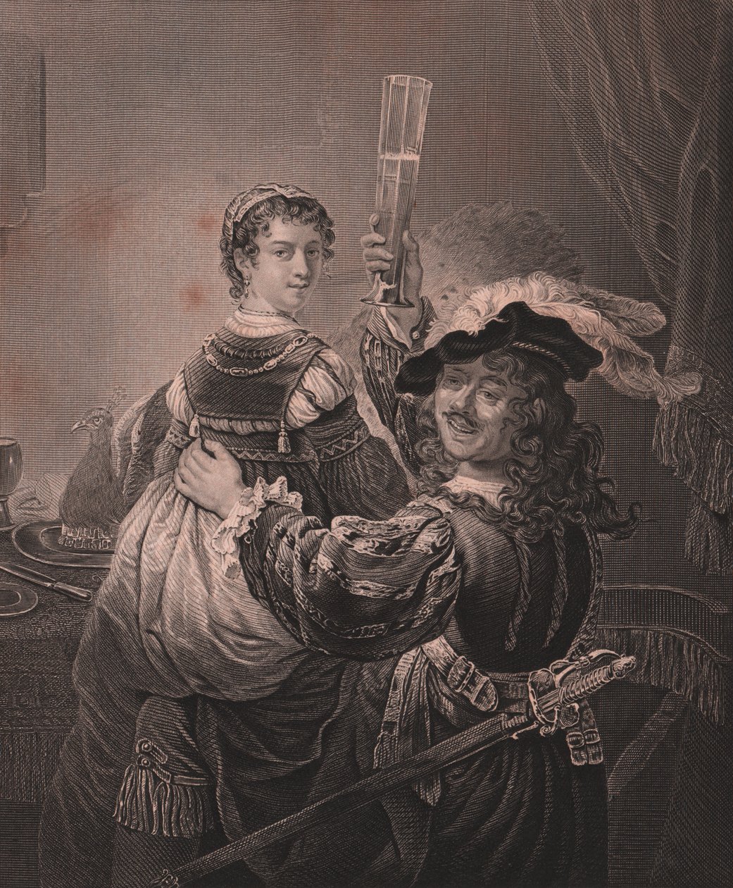 Rembrandt met zijn vrouw Saskia, gravure H Payne naar schilderij van Rembrandt, uit Payne