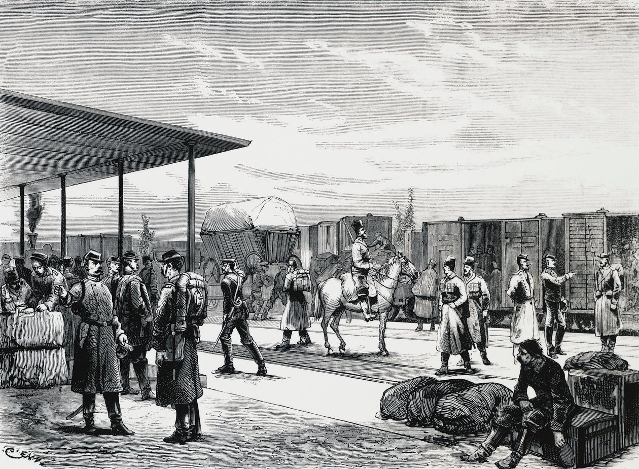 Russisch militair konvooi in station Bustiu, op de spoorlijn Boekarest-Galati, Russisch-Turkse oorlog, gravure, Roemenië door Unbekannt Unbekannt