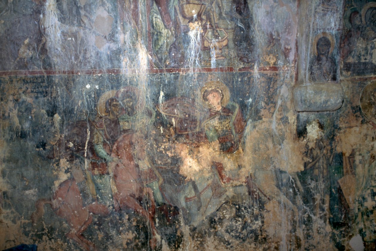 Heiligen te paard, fresco in Byzantijnse kerk van Agios Athanasios, Kefali, Kreta, Griekenland (foto) door Unbekannt Unbekannt