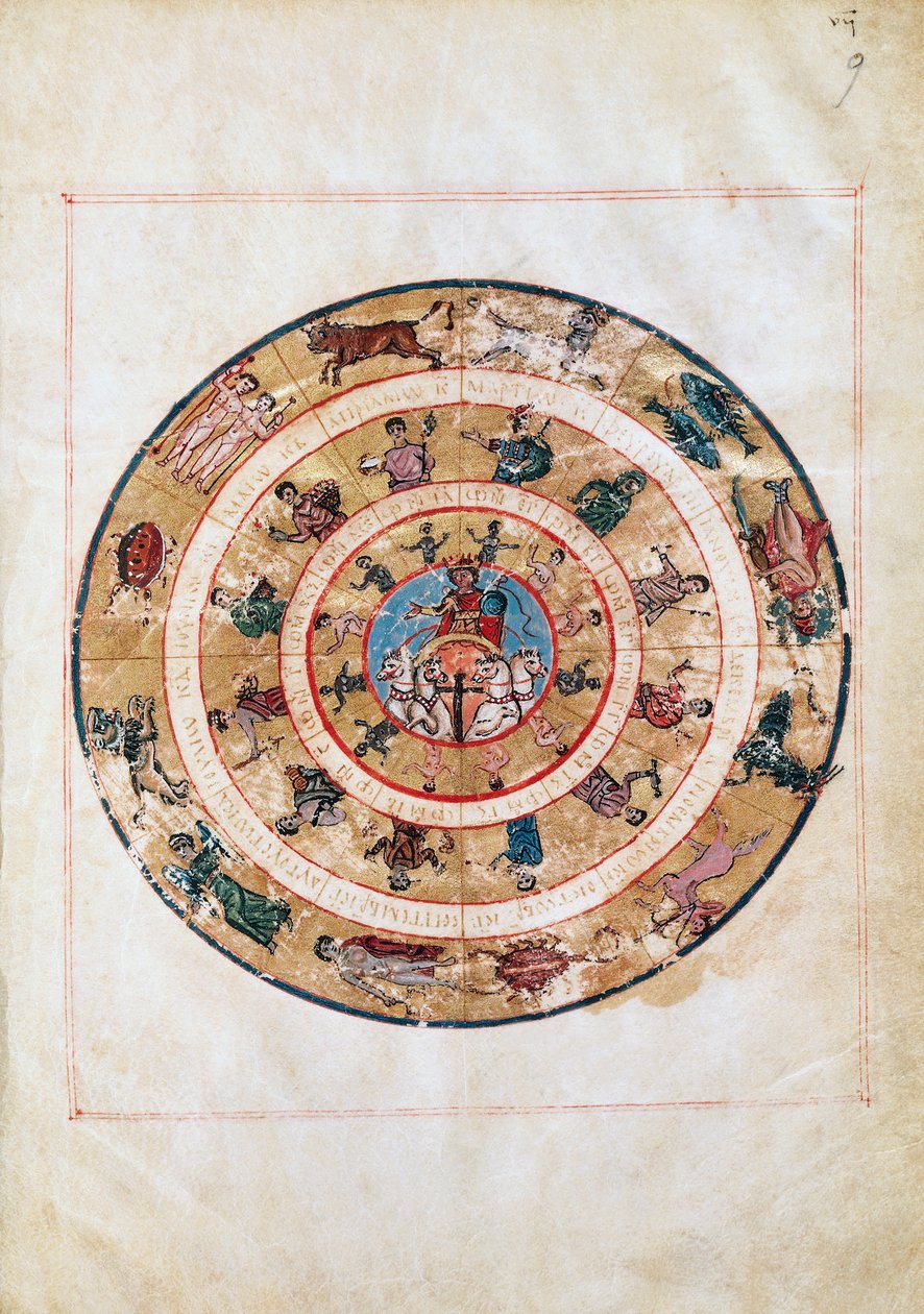 De zonnewagen en de tekens van de dierenriem, miniatuur uit een vroegmiddeleeuws manuscript, astronomische tabel door Ptolemaeus (ca. 100-175), Hellenistische beschaving door Unbekannt Unbekannt