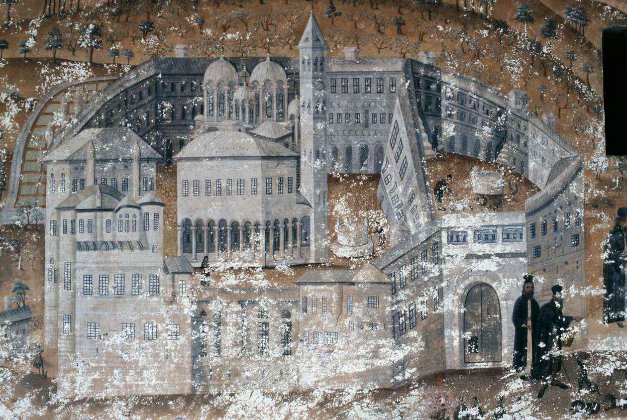 Uitzicht op klooster, fresco in het Ikosifinissis klooster, nabij Serres, Griekenland door Unbekannt Unbekannt