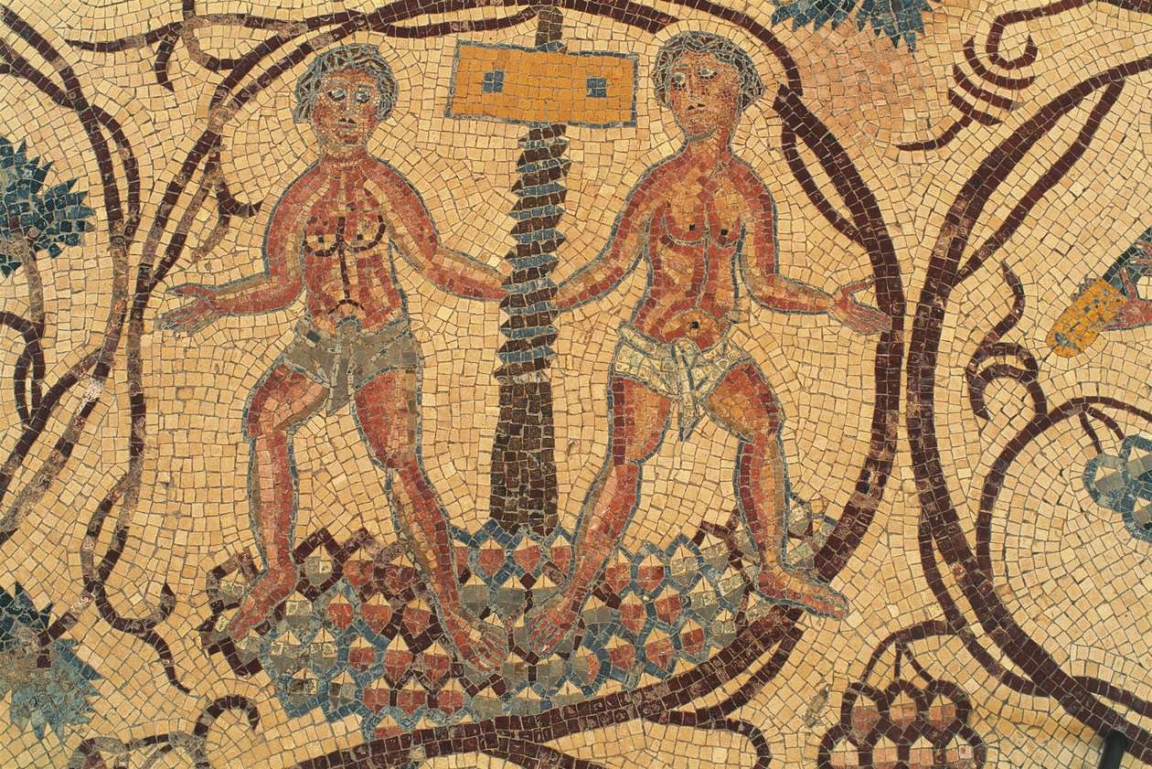 Wijnpers, detail van vloermozaïek met scènes uit het dagelijks leven, Kerk van de Heiligen Lot en Procopius, Nebo, Khirbet al-Mukhayyat, Jordanië, Byzantijnse beschaving, 6e eeuw na Christus door Unbekannt Unbekannt