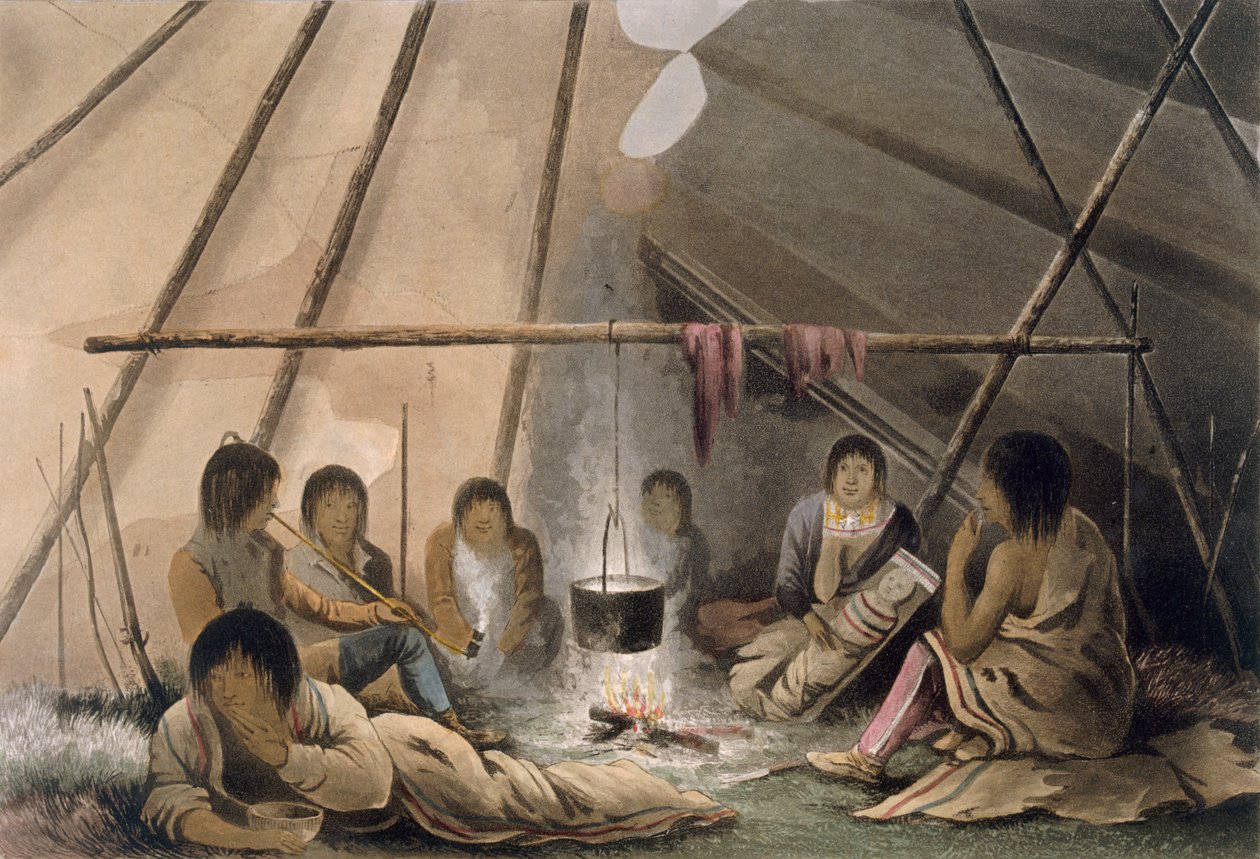 Interieur van een Cree Indianentent, 1824 door Lieutenant Hood