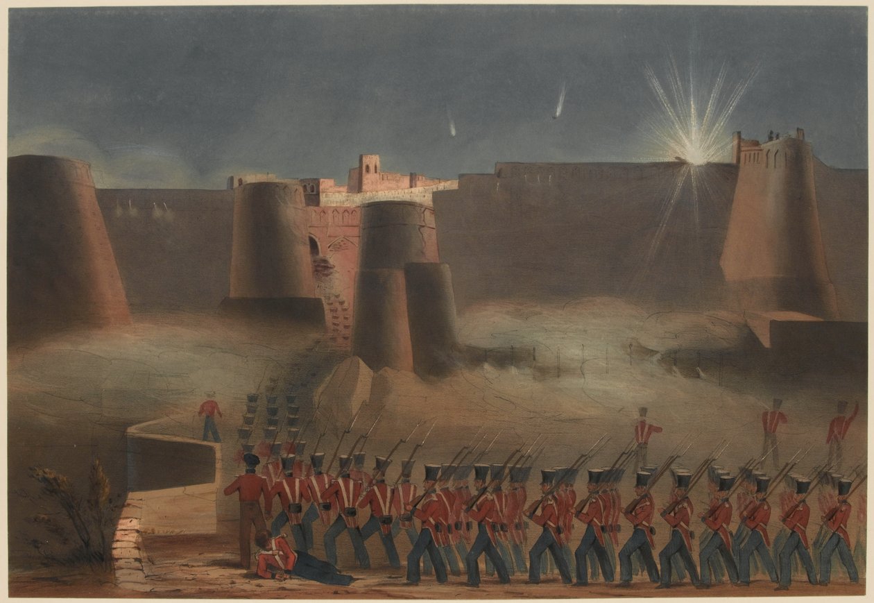 De Bestorming van Ghuznee. De Bestormingskolom betreedt het Fort, 23 juli 1839 door Lieutenant Thomas (after) Wingate