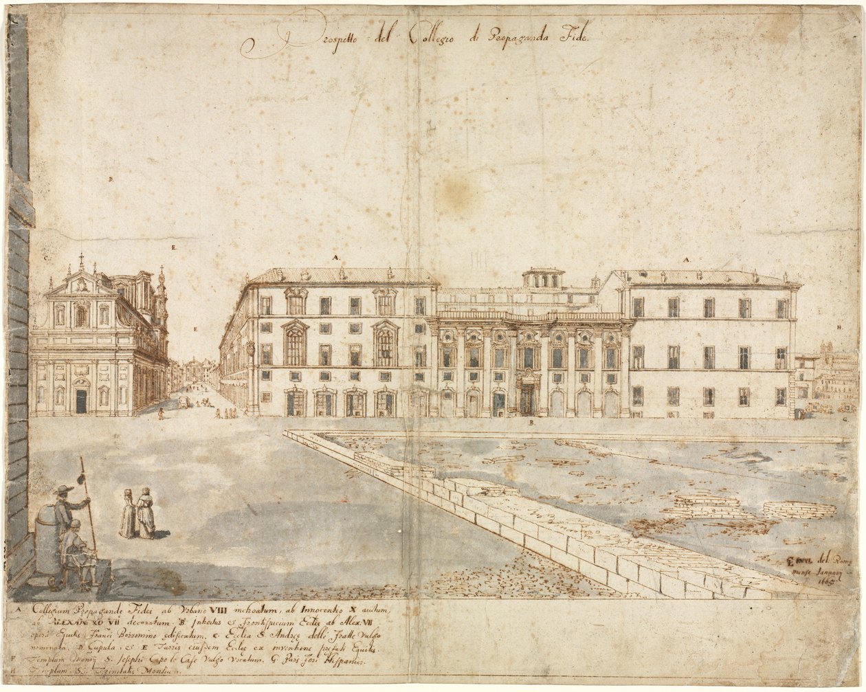 Achttien Zichten van Rome: Het Collegio di Propaganda Fide recto, 1665 door Lievin Cruyl
