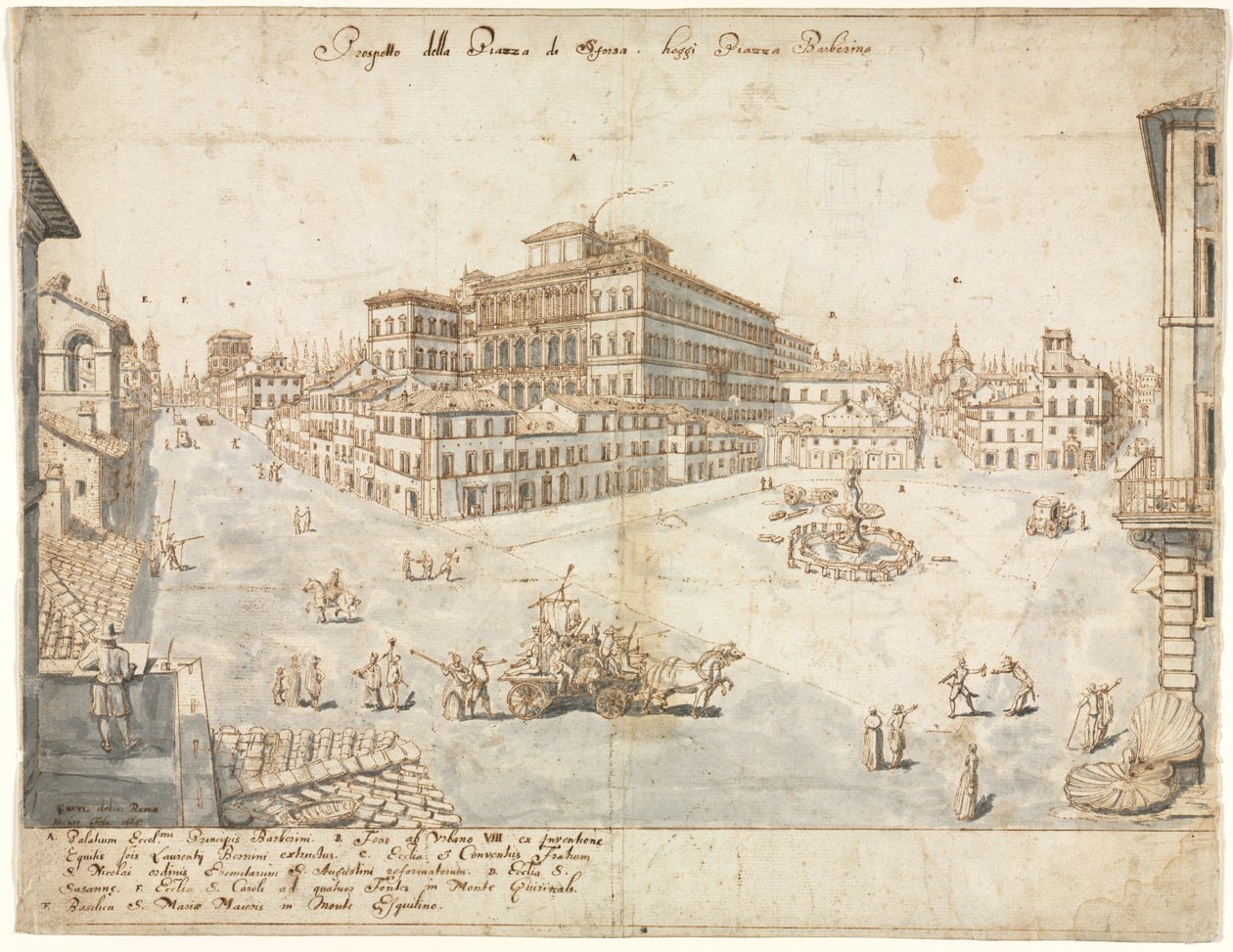 Achttien Zichten van Rome: Het Piazza Barberini recto..., 1665 door Lievin Cruyl