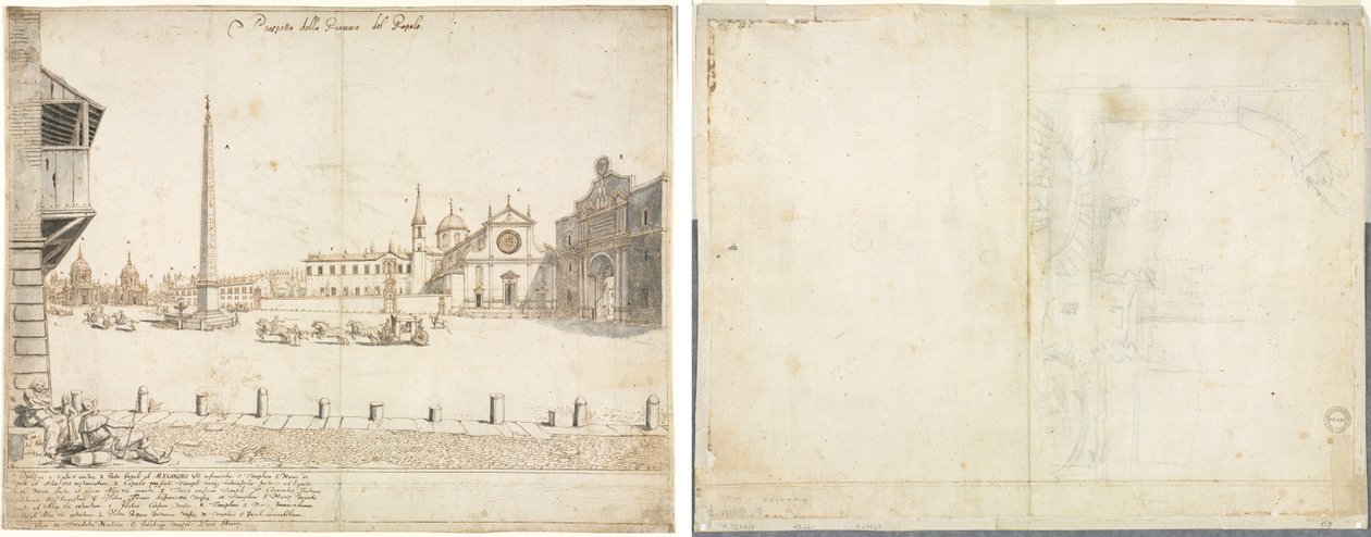 Achttien Zichten op Rome: Het Piazza del Popolo (recto); Schets voor San Giovanni in Laterano (verso) door Lievin Cruyl