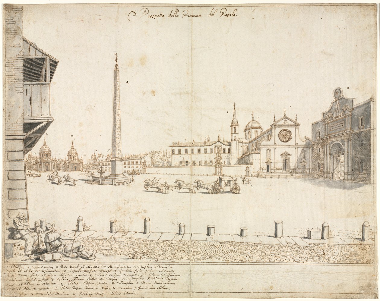 Achttien uitzichten van Rome: De Piazza del Popolo recto, 1664 door Lievin Cruyl
