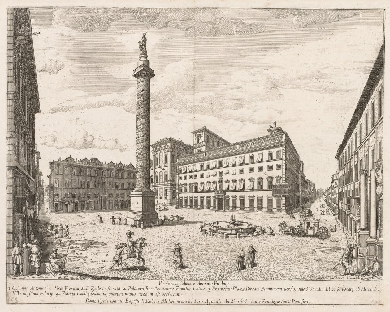 Piazza Colonna uit Prospectus Locurum Urbis Romae Insignium, 1666 door Lievin Cruyl