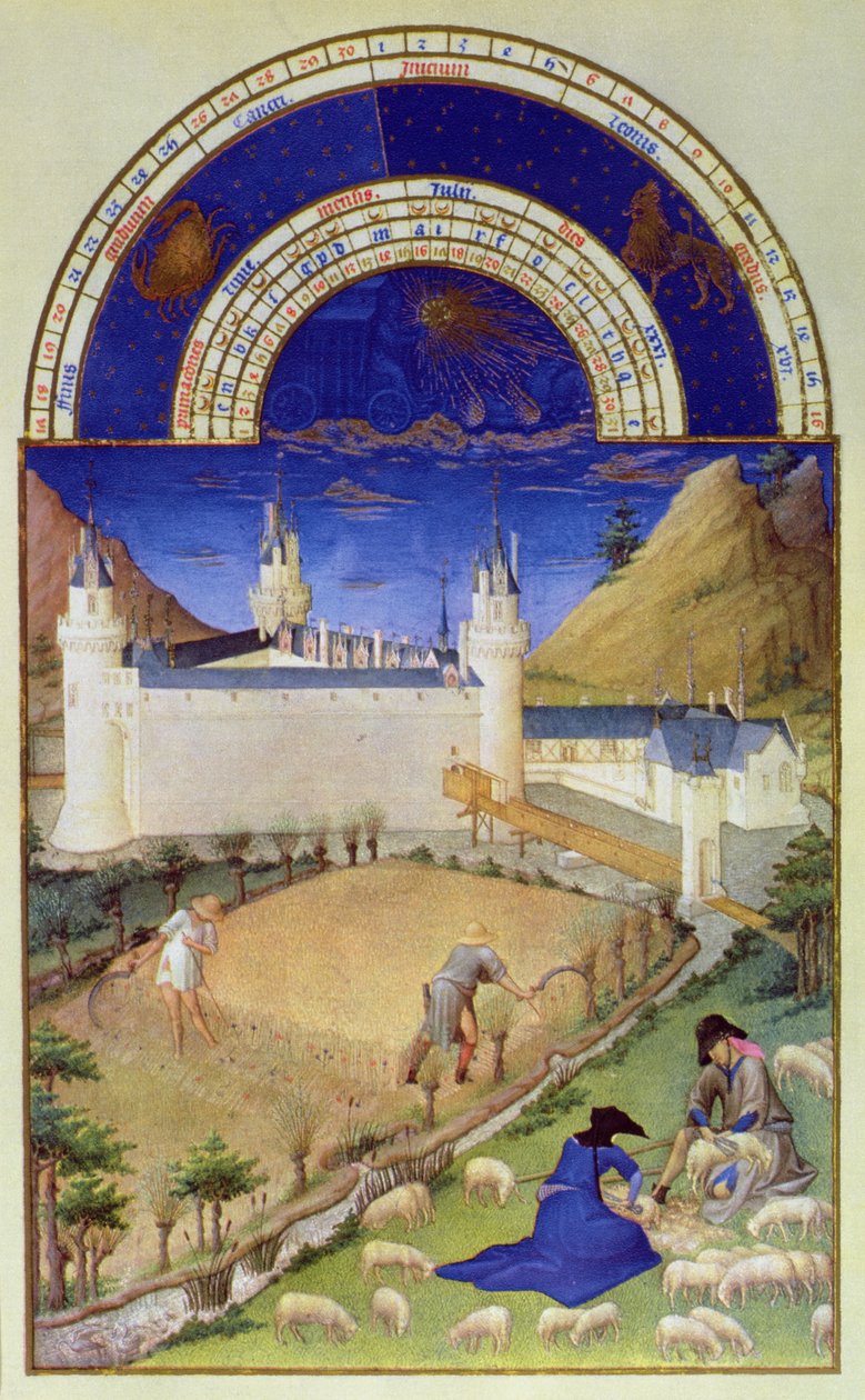 Facsimile van juli: Oogsten en schapen scheren, uit de 