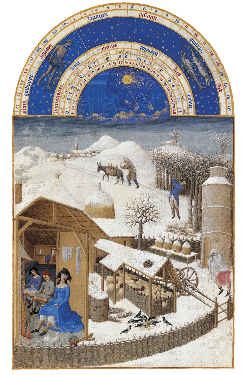 Februari Les Très Riches Heures du duc de Berry, 1412-1416 door Limbourg Brothers