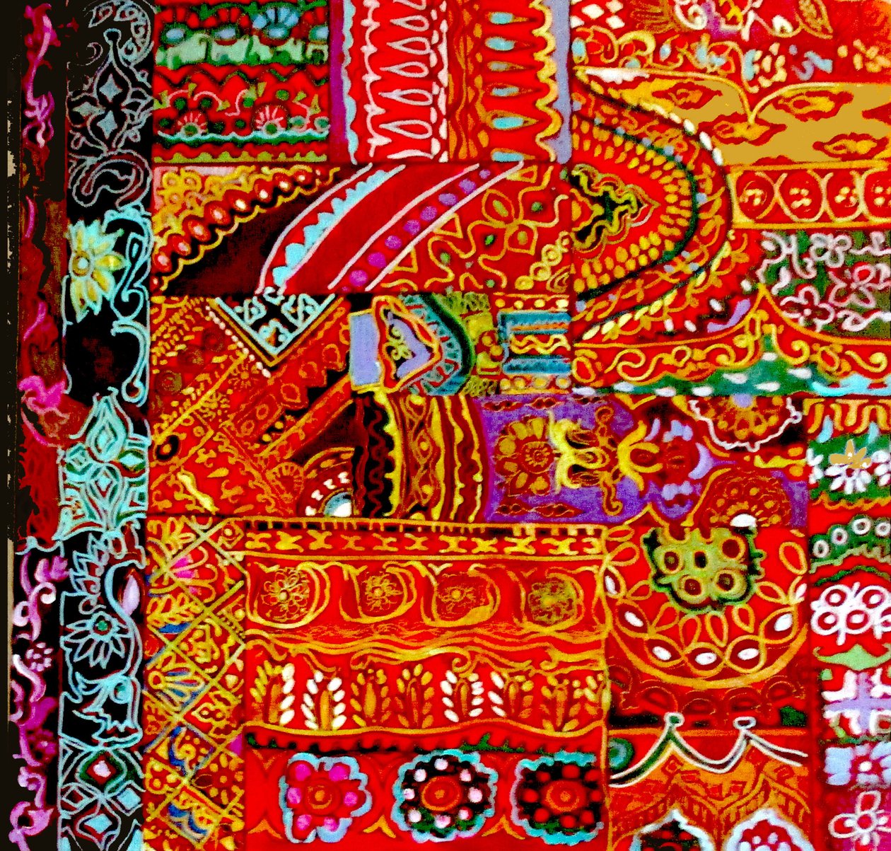 Indiaas borduurwerk, 2017 (canvas van kleurrijk, gedetailleerd, etnisch, bloemen, India) door linda arthurs