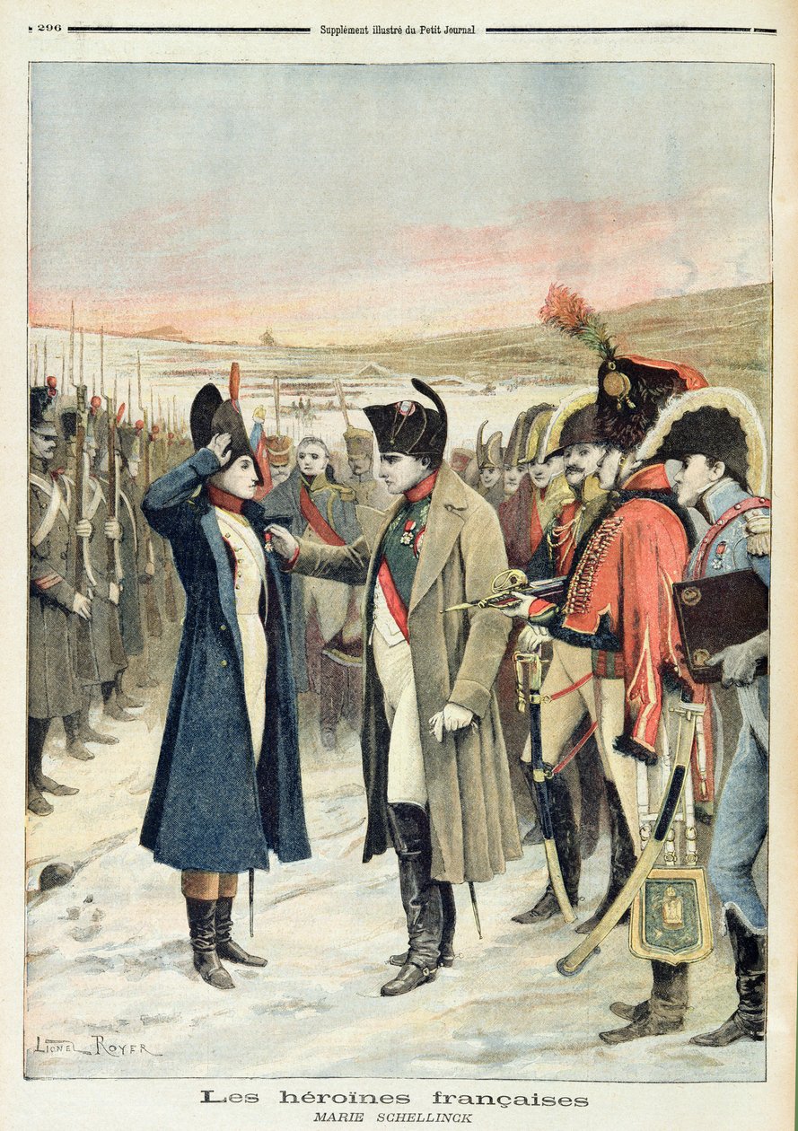 Napoleon Bonaparte (1769-1821) presenteert de vrouwelijke officier, Marie Schellinck, een medaille op het slagveld, illustratie uit 