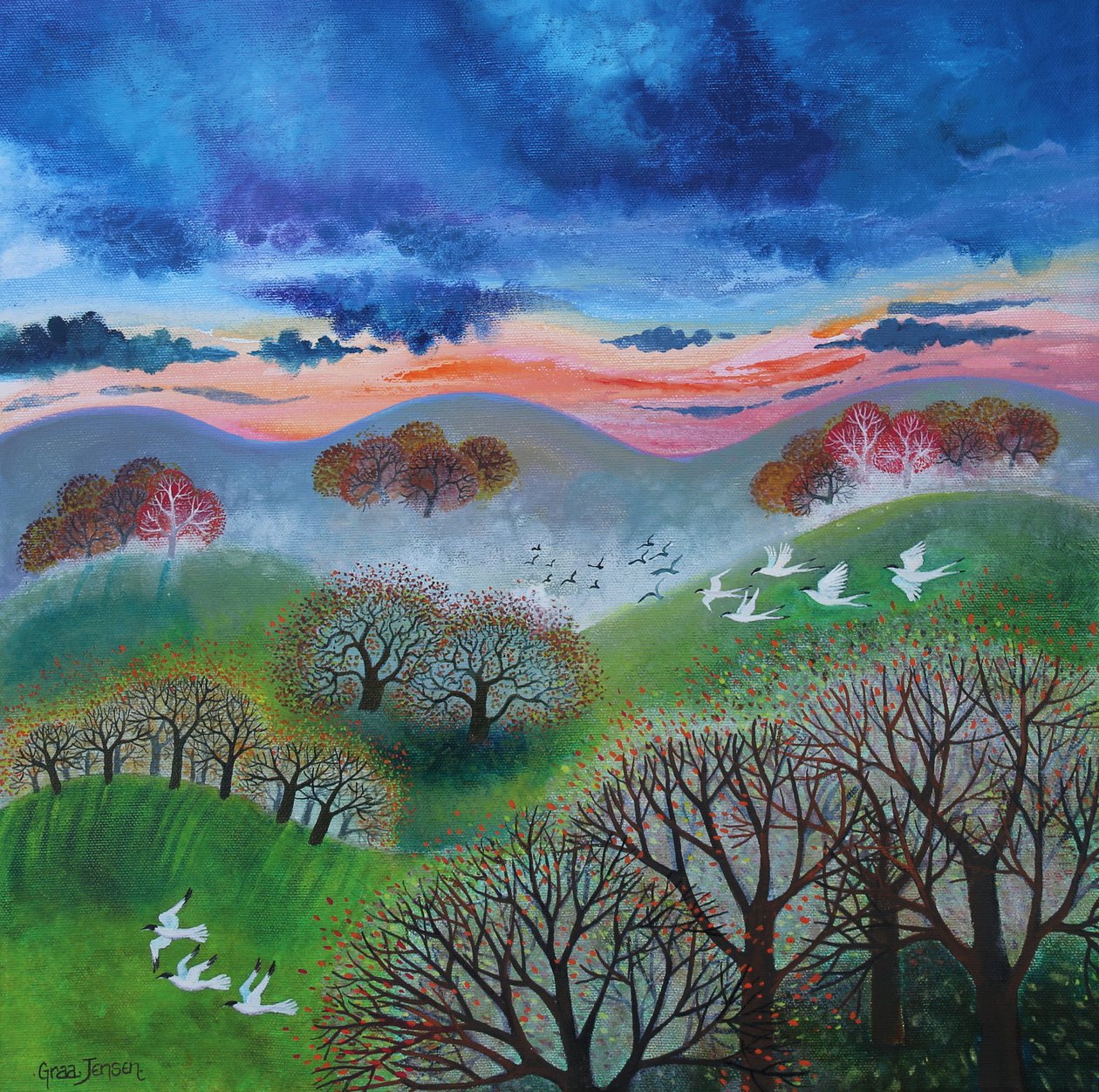 Zonsondergang oktober, 2024 (acrylverf op doek) door Lisa Graa Jensen