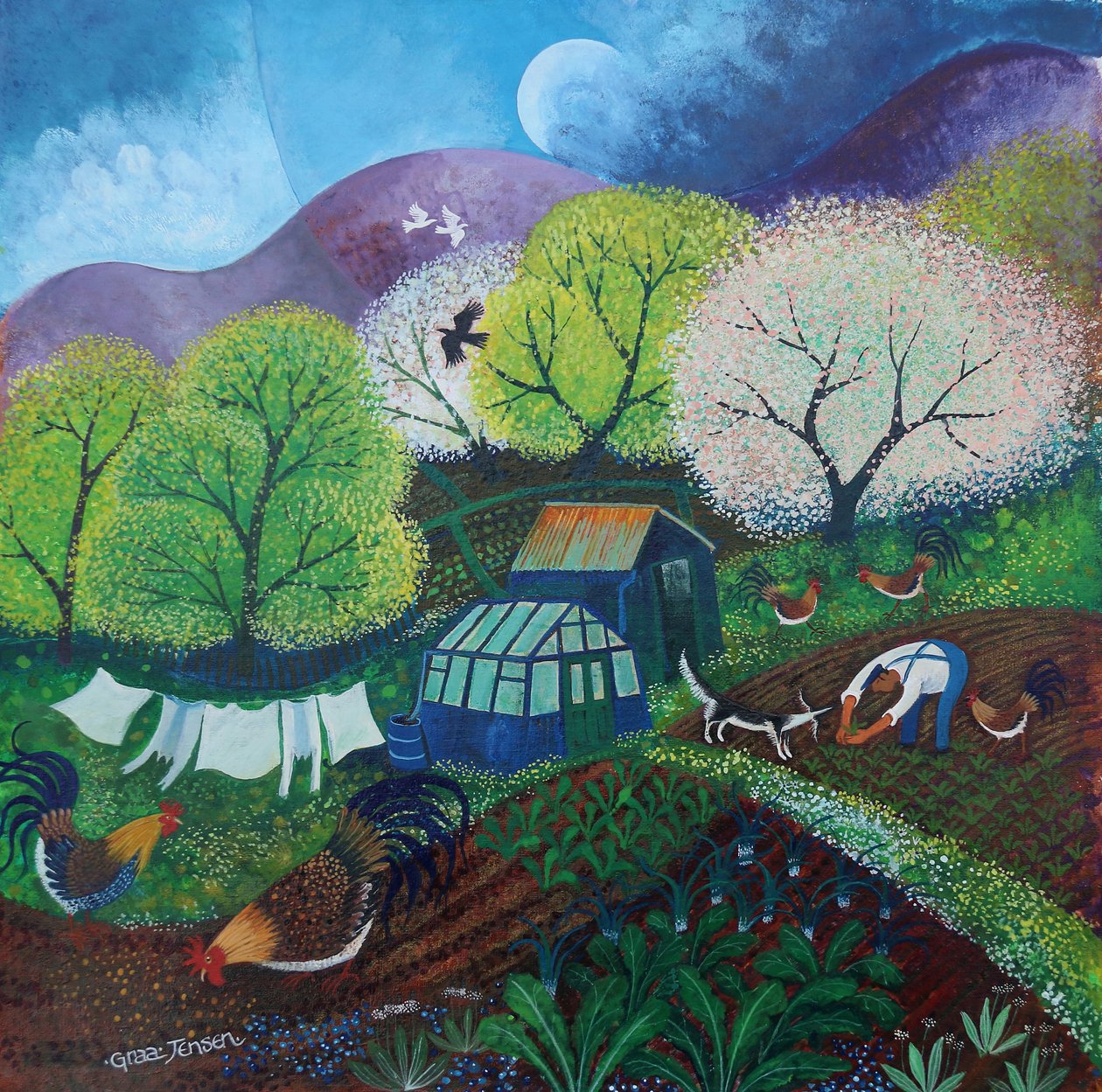 Lente op de volkstuin, 2025 (acrylverf op linnen) door Lisa Graa Jensen