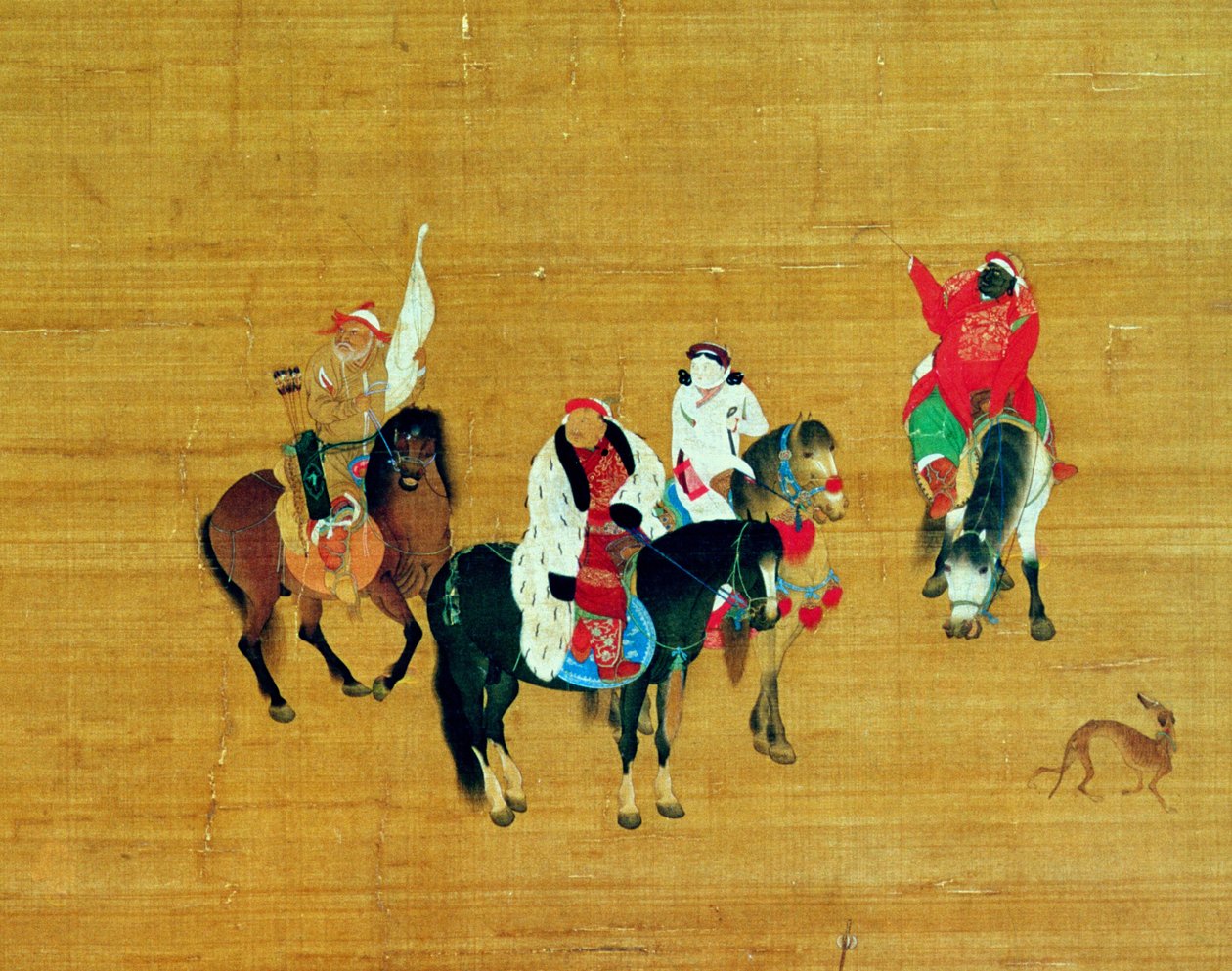 Kublai Khan (1214-94) op jacht, Yuan-dynastie (inkt en kleur op zijde) (detail) door Liu Kuan tao
