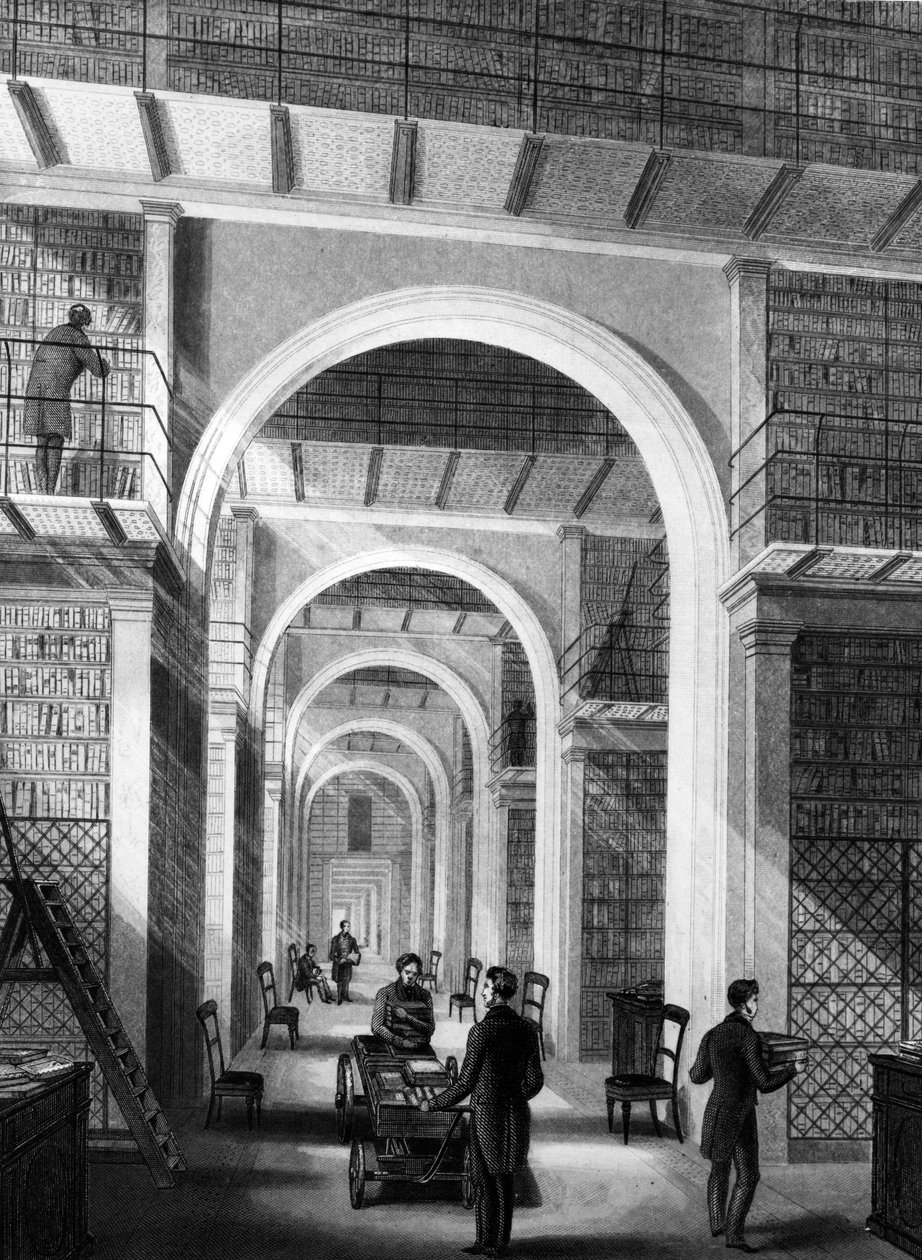 British Museum - Extra Bibliotheek, gegraveerd door E. Radclyffe, gepubliceerd in 