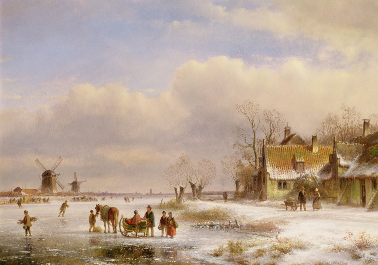 Sneeuwscène met windmolens in de verte, 19e eeuw door Lodewijk Johannes Kleyn