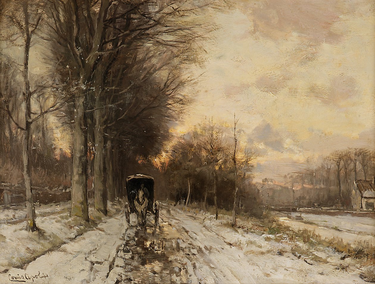 Een paardenkar op een besneeuwd pad (olieverf op paneel) door Lodewijk Frederik Hendrik (1850-1936) Apol