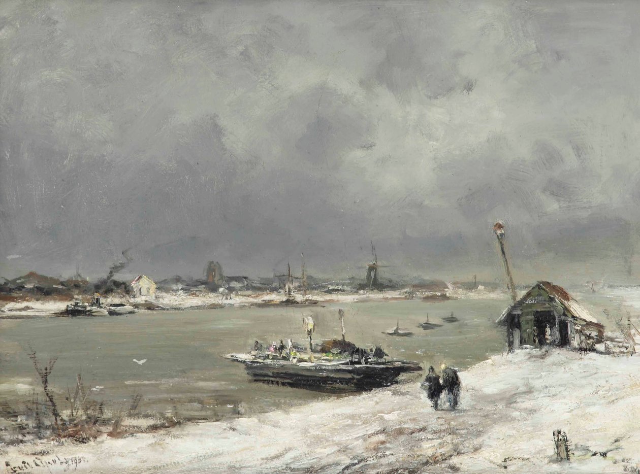 Een veerbootovertocht bij Wijk bij Duurstede in de winter door Lodewijk Frederik Hendrik Apol