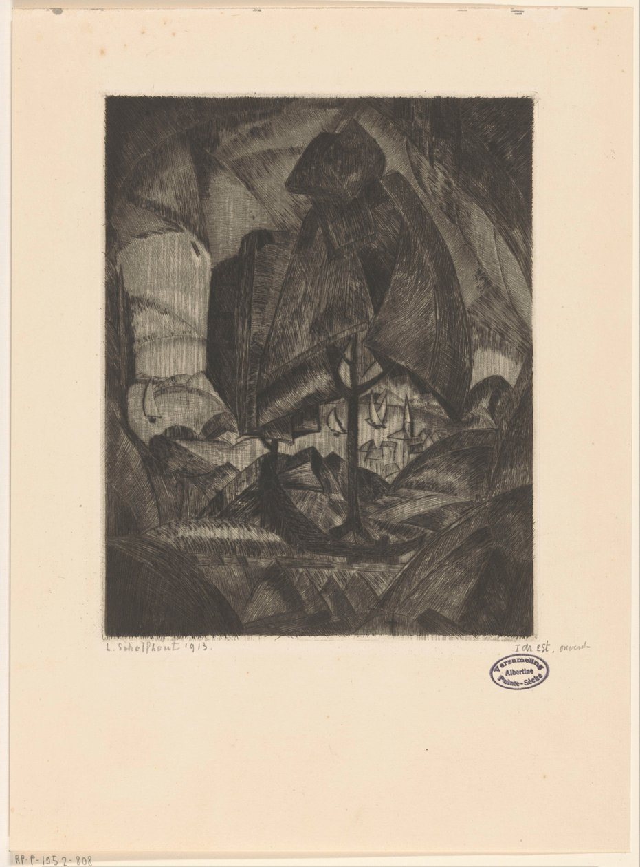 Boom in een heuvellandschap met meer door Lodewijk Schelfhout (signed by artist)