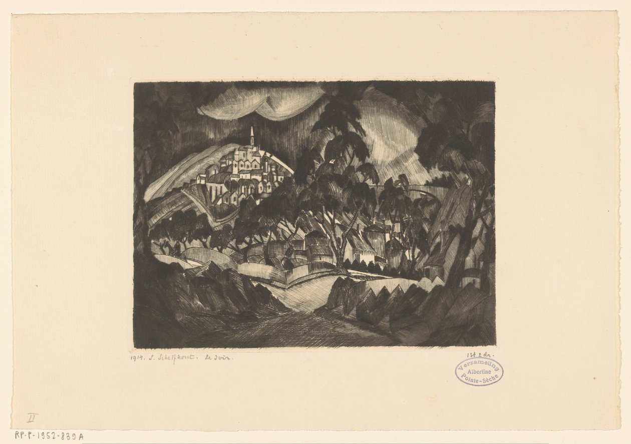 Heuvellandschap met bomen en bebouwing door Lodewijk Schelfhout (signed by artist)