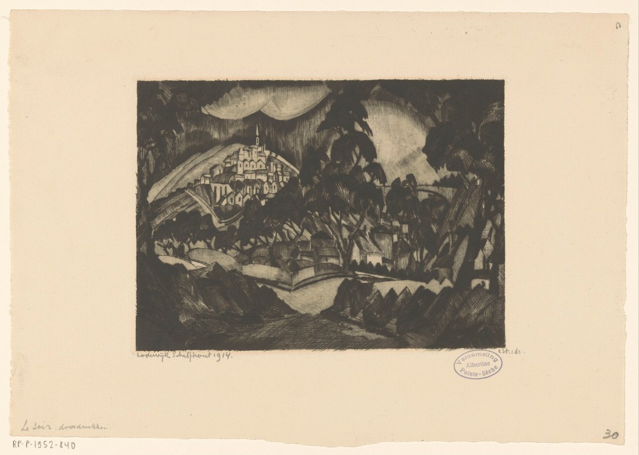 Heuvellandschap met bomen en bebouwing door Lodewijk Schelfhout (signed by artist)