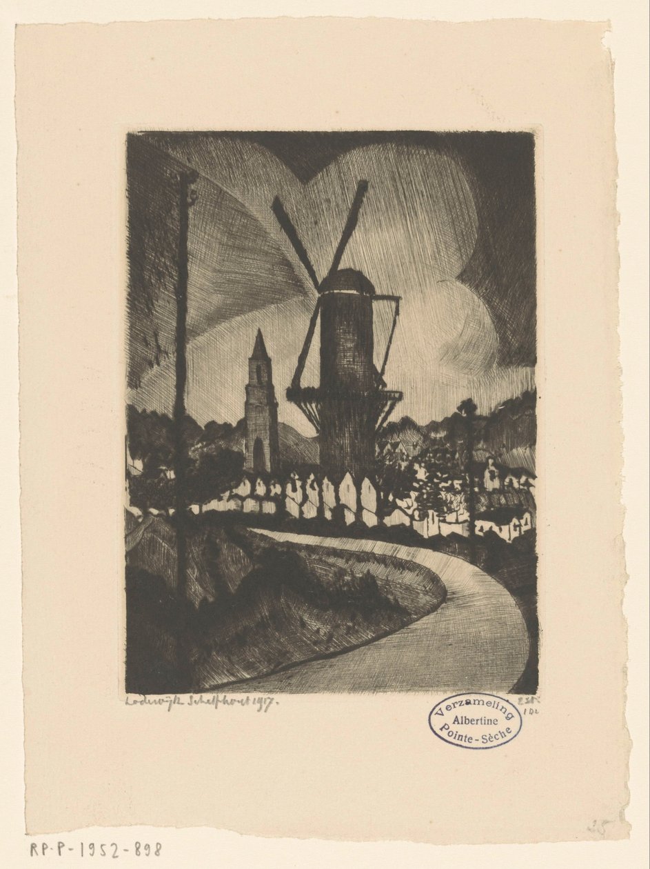 Heuvellandschap met molen door Lodewijk Schelfhout (signed by artist)