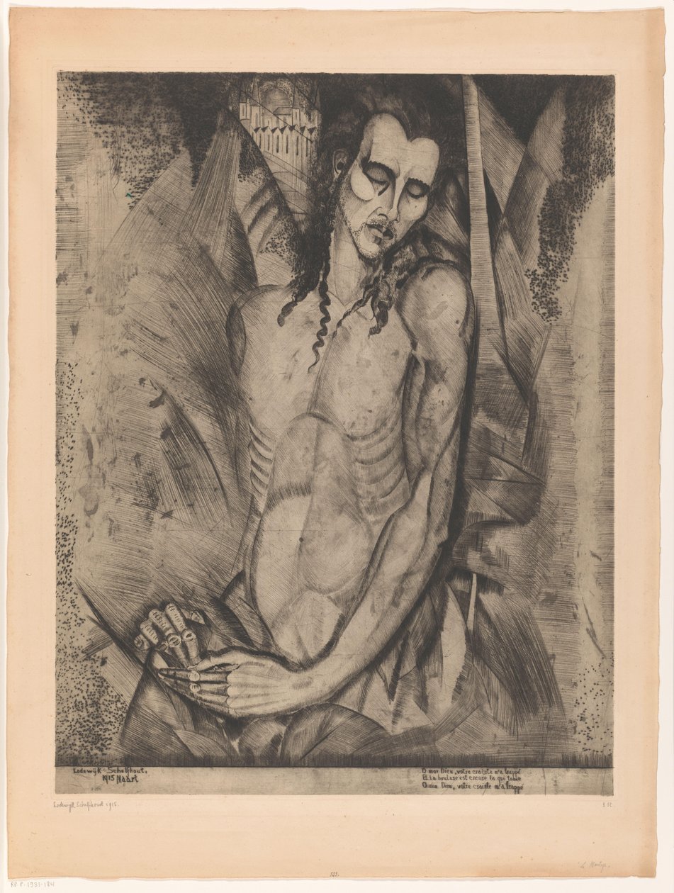 Naakte man met gesloten ogen door Lodewijk Schelfhout (signed by artist)