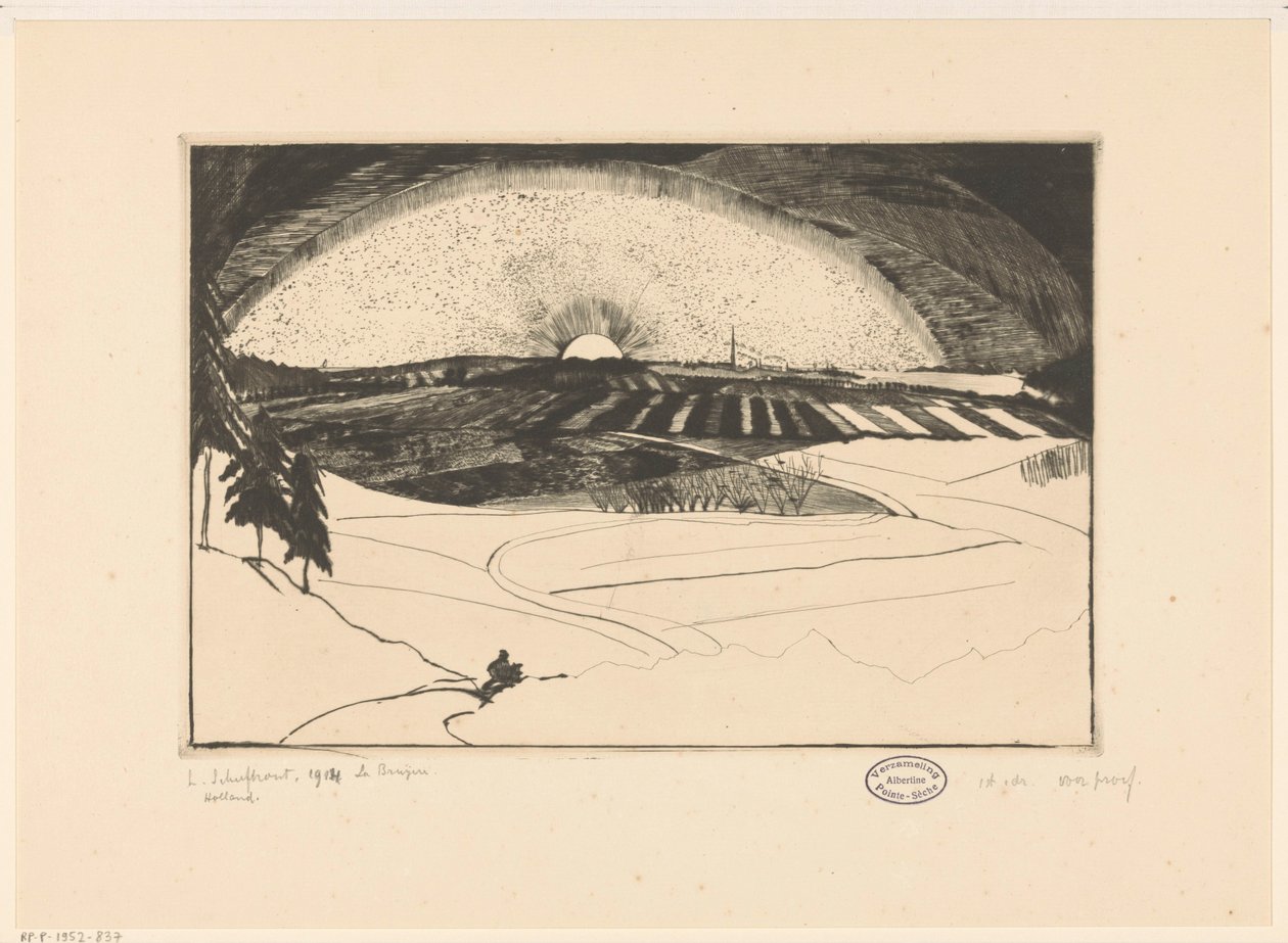 Opgaande of ondergaande zon boven een heuvellandschap door Lodewijk Schelfhout (signed by artist)